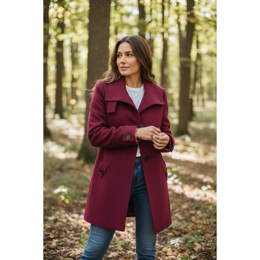 Vintage Kristen Blake Women's Red Wool Double Breasted Trench Coat Size‎ Small
